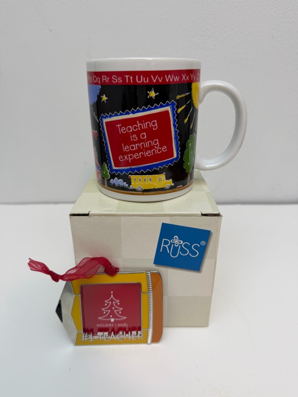 Russ Ceramic Teacher Mug W/Colorful School Themed Artwork & #1 Teacher Ornament